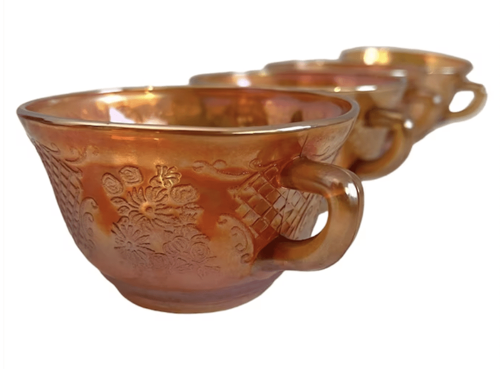 Vintage Amber Cups - Normandie Pattern Iridescent Orange by Federal Glass Company 
