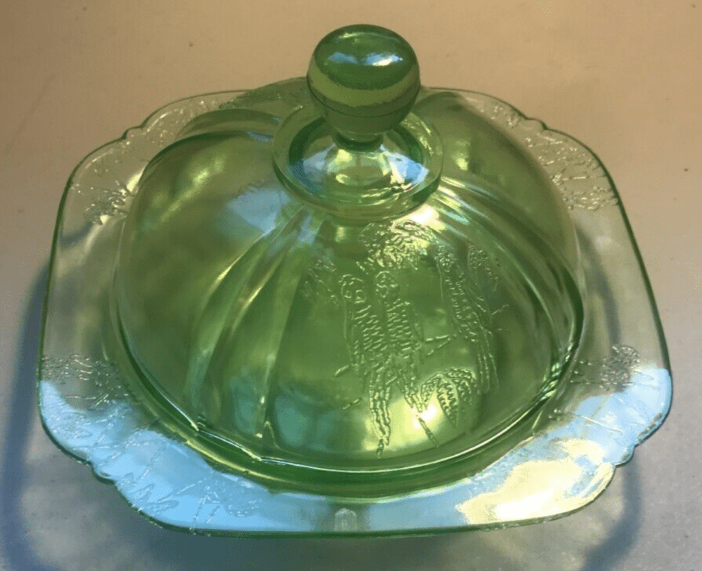 Sylvan Parrot Pattern Federal Glass Uranium Green Covered Round Butter Dish