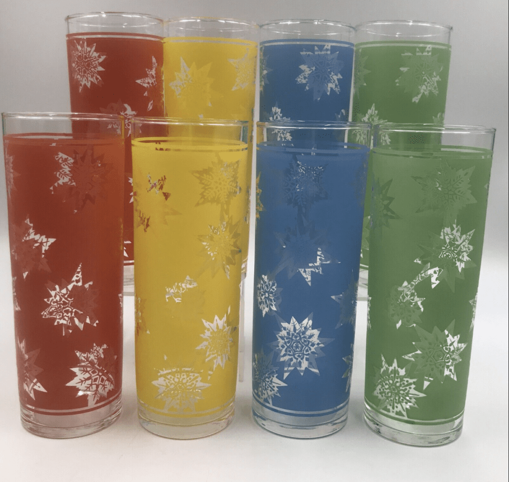 Federal Glass Co. Atomic Glasses, Vintage MCM Snowflake Pattern, Set Of 8 Colorful red blue green yellow