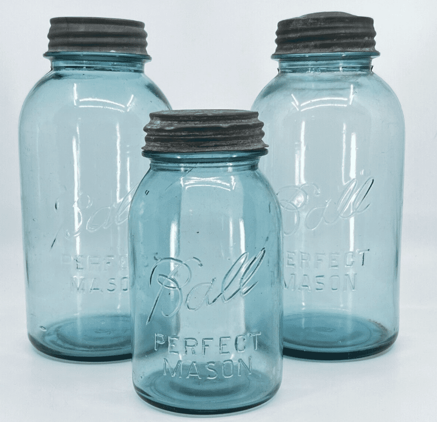 Lot of 3 Vintage Ball Perfect Mason Jars Blue with Zinc Lids #4, #2, #8 - 32 oz