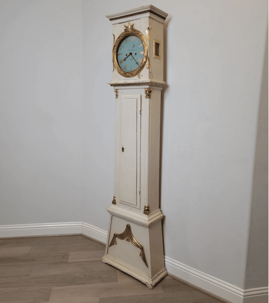 Scandinavian Neoclassical Style 19th Century Painted Pine Parcel Gilt Bornholm Tall Case Clock by Mogens Peter M. P. Westh