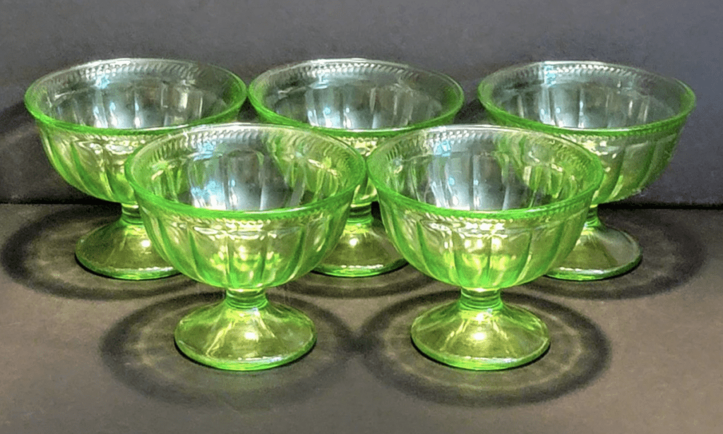 Vintage Uranium Glass Federal Glass Company Colonial Fluted Rope Sherbert Glasses Set of 5