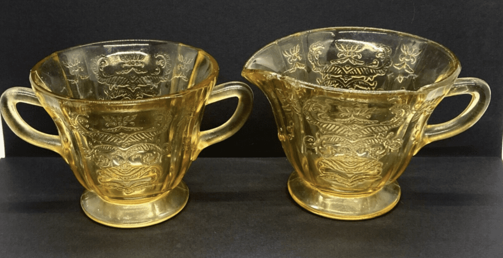 Vintage Federal Glass Depression Glass - Madrid Pattern Amber Yellow Creamer and Sugar 