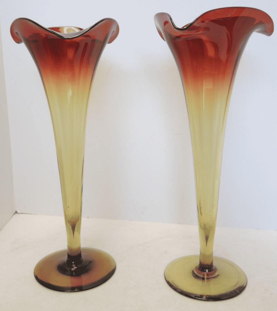 Pair of Vintage Amberina Trumpet Vases