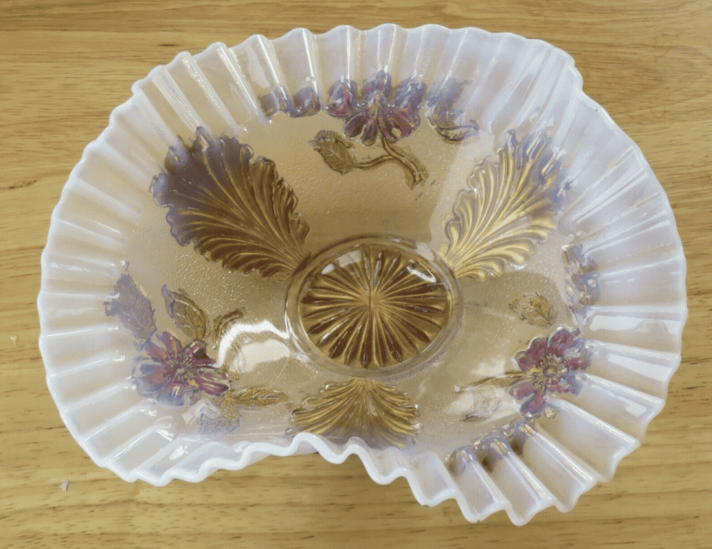 Northwood opalescent Goofus glass candy dish antique gold flowers and leaves 