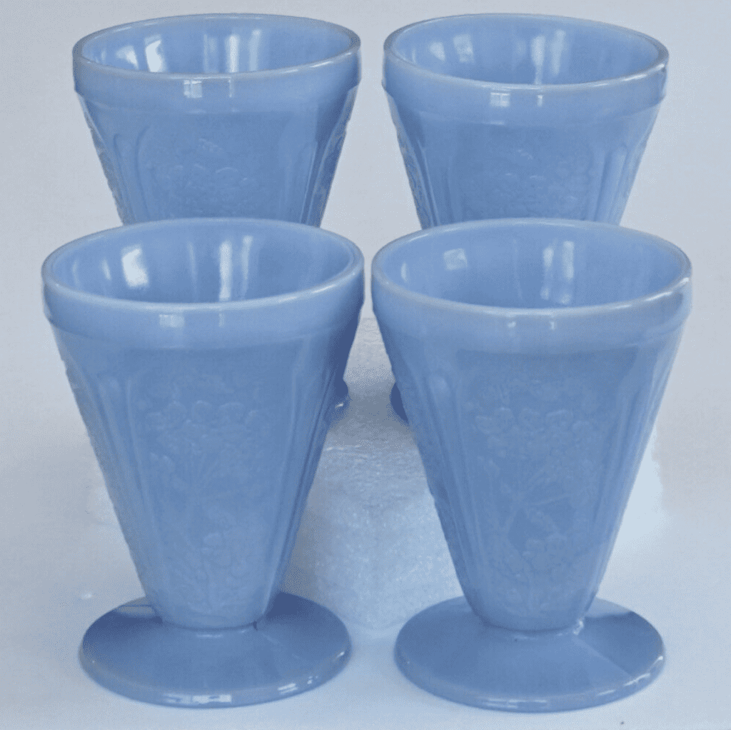 Vintage Jeannette Glass Company Depression Glass Footed Tumblers in Delphite Blue