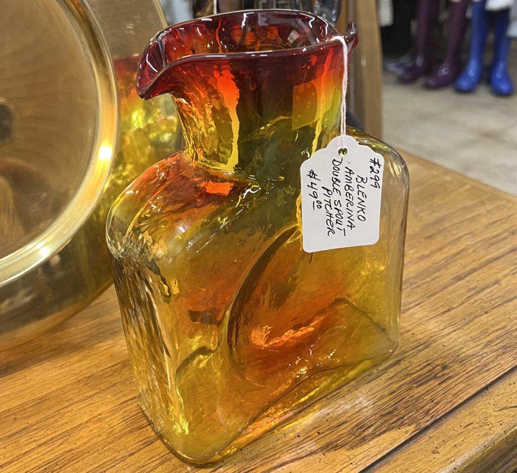 Blenko Amberina Double Spout Pitcher for $49 in an antique store