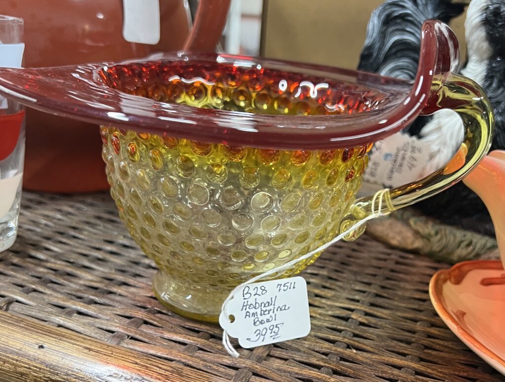 Vintage Hobnail Amberina Bowl with Handle 