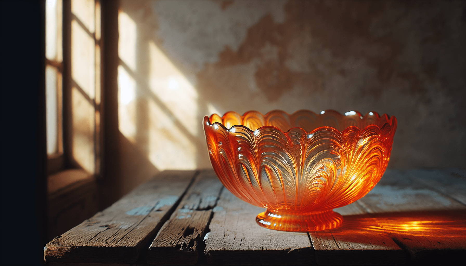 Vintage orange carnival glass bowl on display