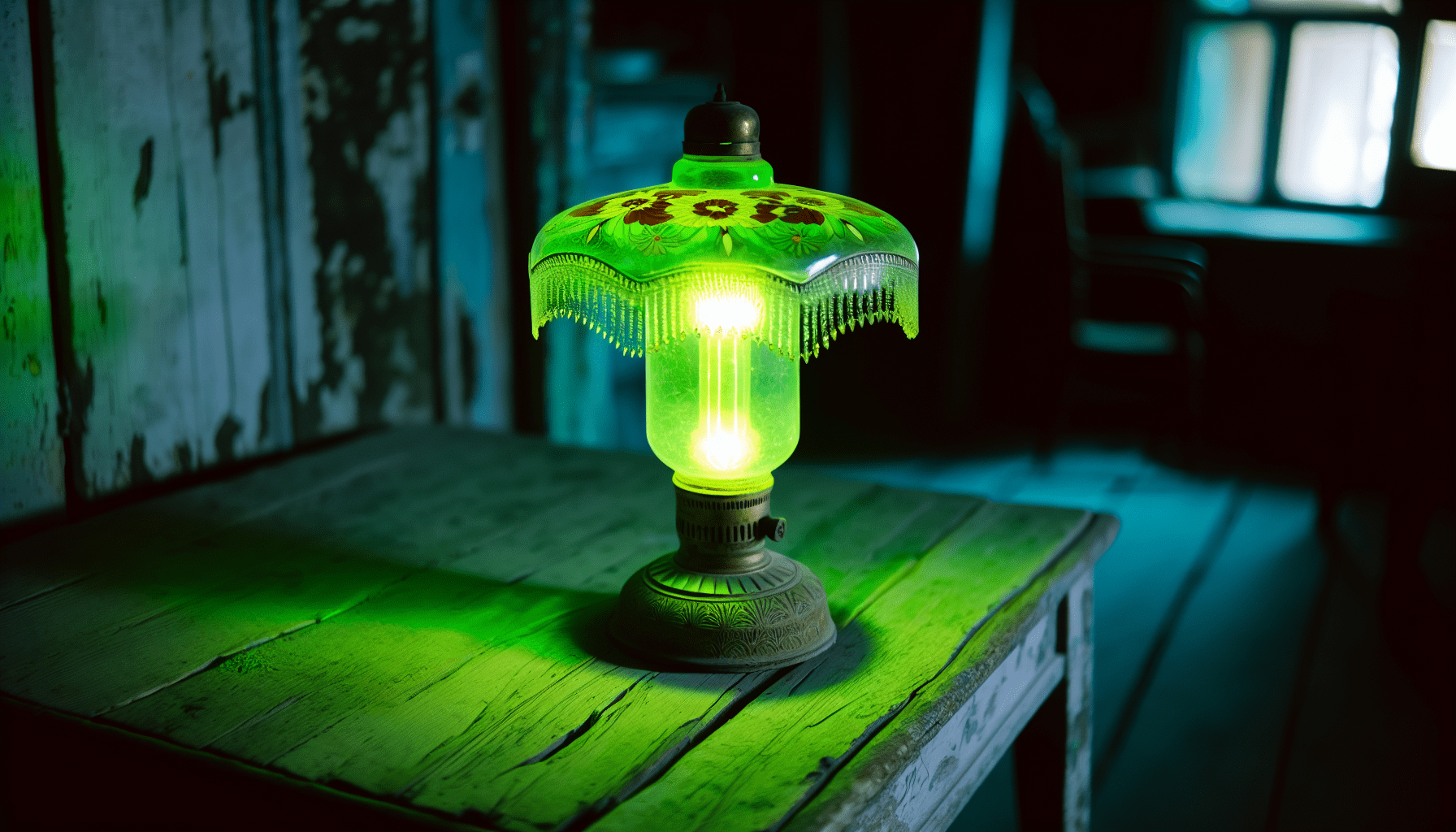 A vintage uranium glass lamp glowing under UV light
