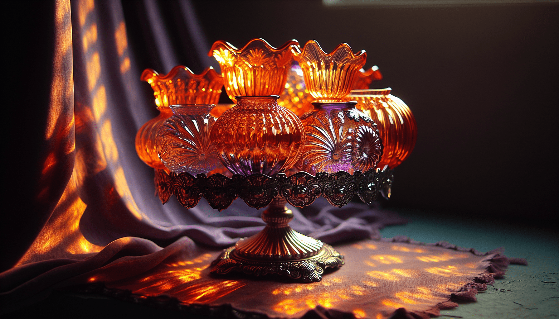 Arrangement of orange carnival glass on a decorative stand