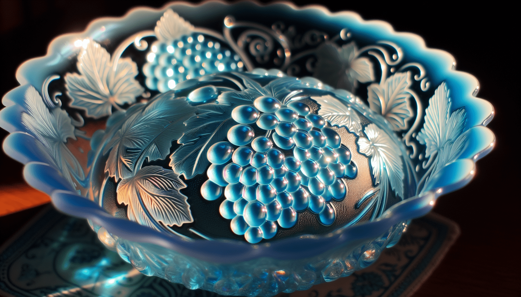Harvest Grapes pattern on blue carnival glass bowl