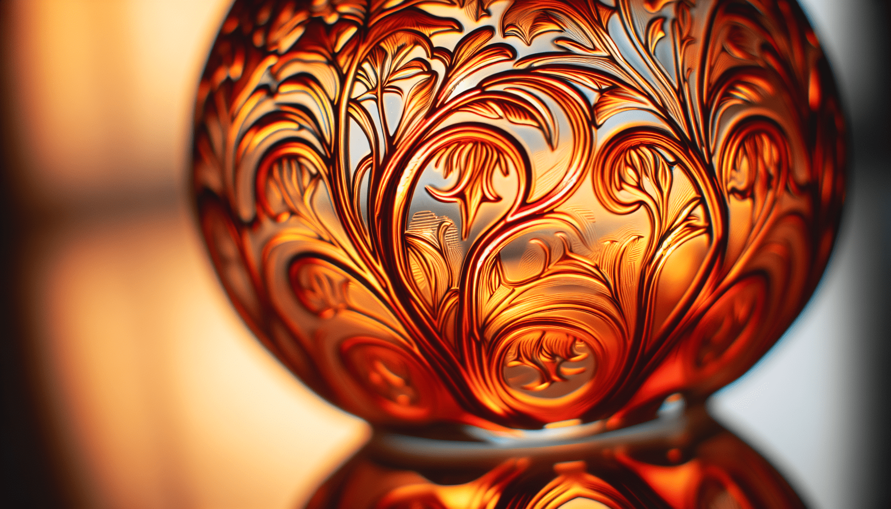 Intricate orange tree pattern on carnival glass