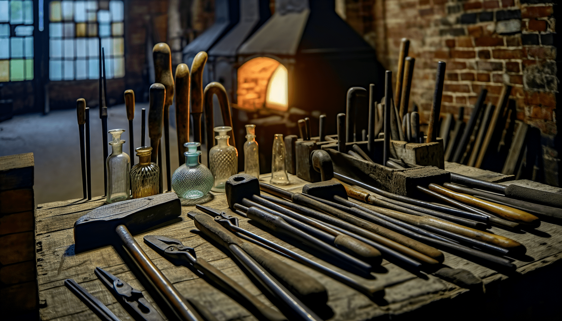 Vintage glassblowing tools and equipment used in early West Virginia glass factories