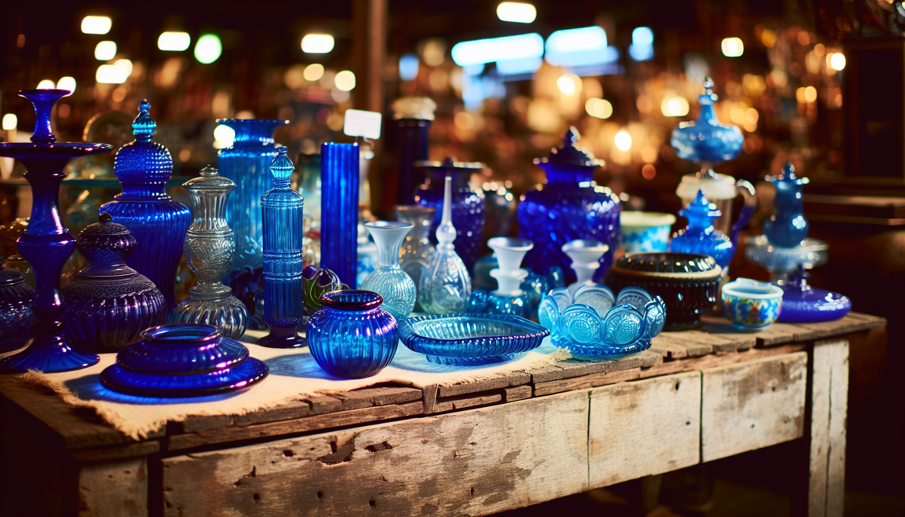Antique carnival blue glass items on display at a vintage market